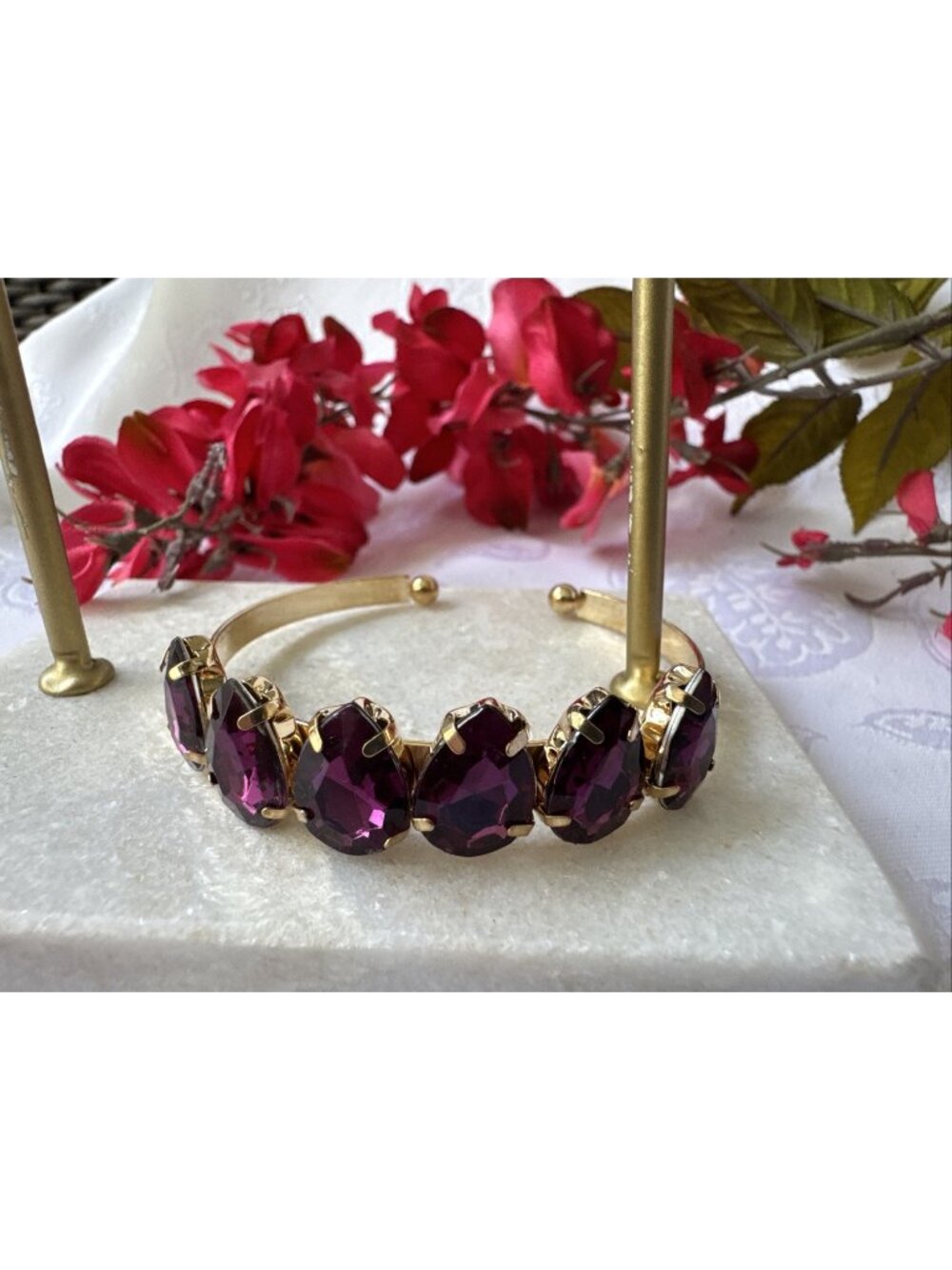 Purple Teardrop Faux Crystal Goldtone Rhinestone Cuff Bracelet Womens Party NEW